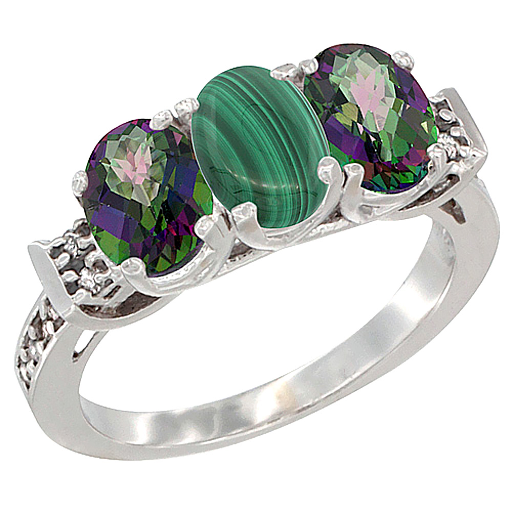 14K White Gold Natural Malachite & Mystic Topaz Sides Ring 3-Stone 7x5 mm Oval Diamond Accent, sizes 5 - 10