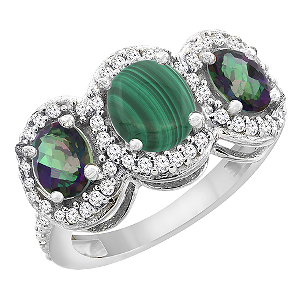 14K White Gold Natural Malachite & Mystic Topaz 3-Stone Ring Oval Diamond Accent, sizes 5 - 10