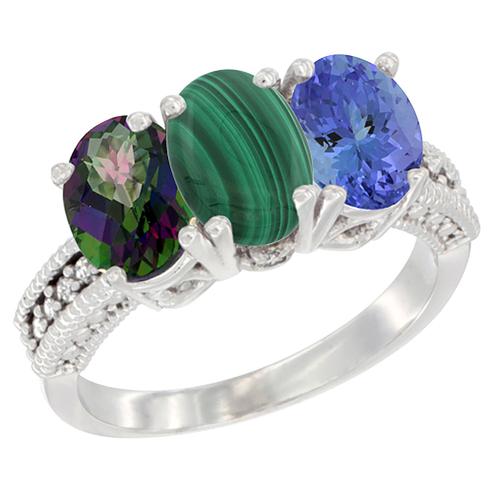 14K White Gold Natural Mystic Topaz, Malachite & Tanzanite Ring 3-Stone 7x5 mm Oval Diamond Accent, sizes 5 - 10