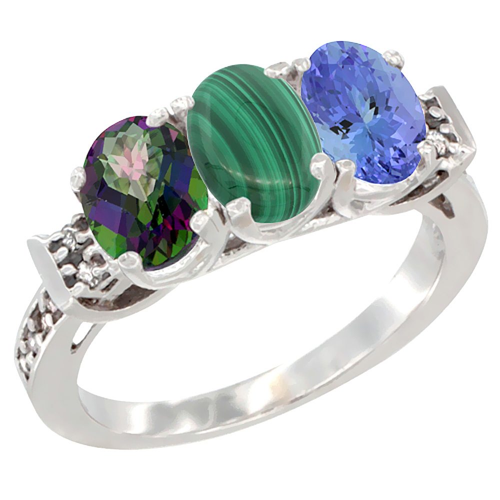 14K White Gold Natural Mystic Topaz, Malachite & Tanzanite Ring 3-Stone 7x5 mm Oval Diamond Accent, sizes 5 - 10