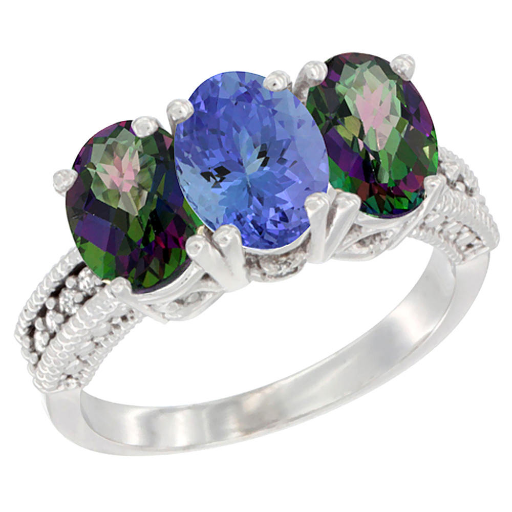 14K White Gold Natural Tanzanite &amp; Mystic Topaz Sides Ring 3-Stone 7x5 mm Oval Diamond Accent, sizes 5 - 10