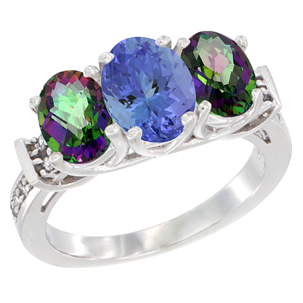 14K White Gold Natural Tanzanite & Mystic Topaz Sides Ring 3-Stone Oval Diamond Accent, sizes 5 - 10