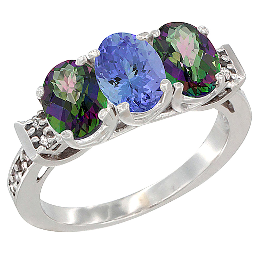 14K White Gold Natural Tanzanite & Mystic Topaz Sides Ring 3-Stone 7x5 mm Oval Diamond Accent, sizes 5 - 10