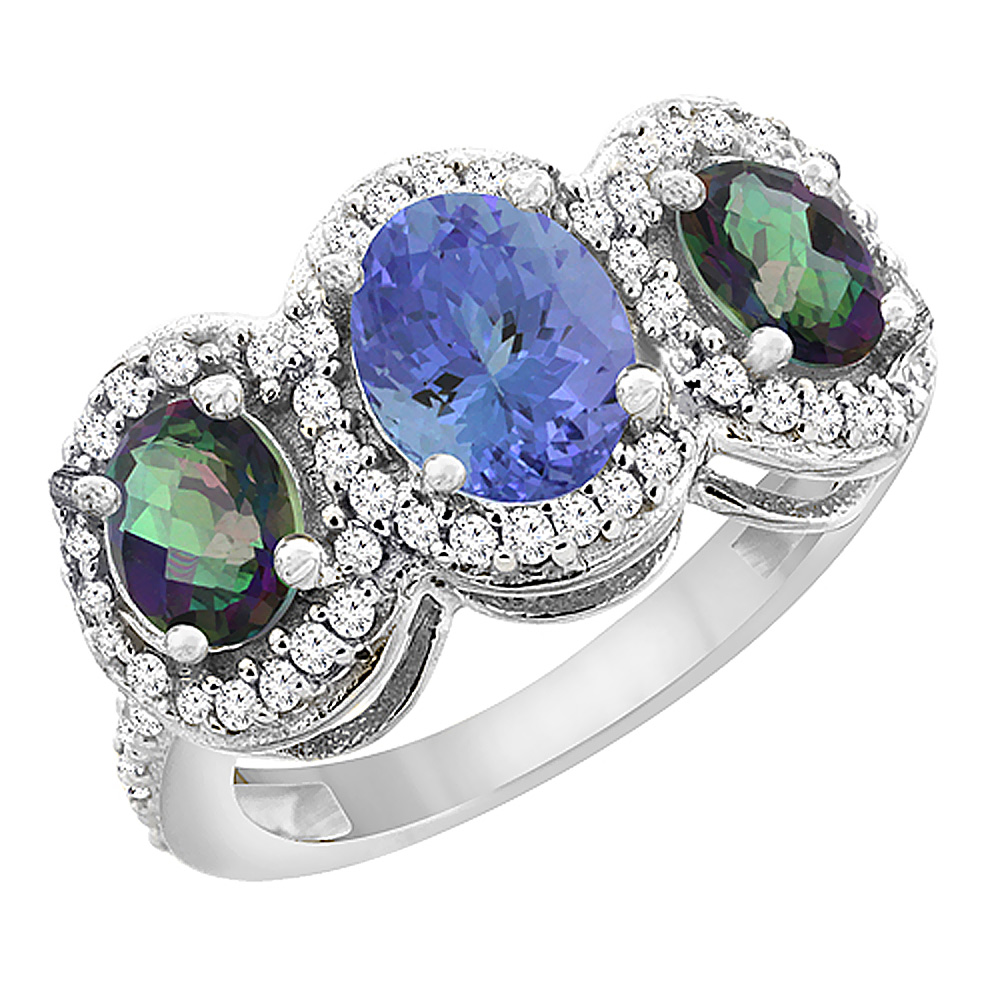 14K White Gold Natural Tanzanite & Mystic Topaz 3-Stone Ring Oval Diamond Accent, sizes 5 - 10