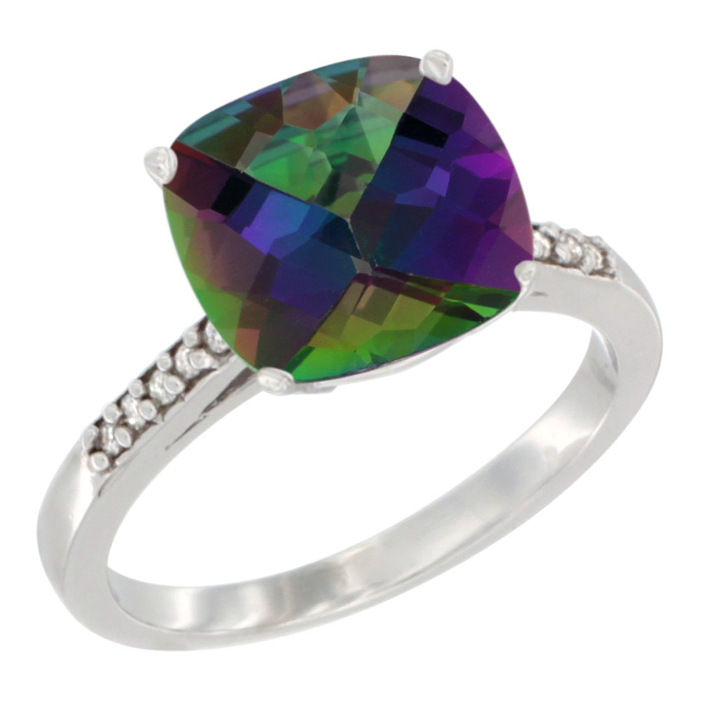 14K Yellow Gold Natural Mystic Topaz Ring 9 mm Cushion-cut Diamond accent, sizes 5 - 10