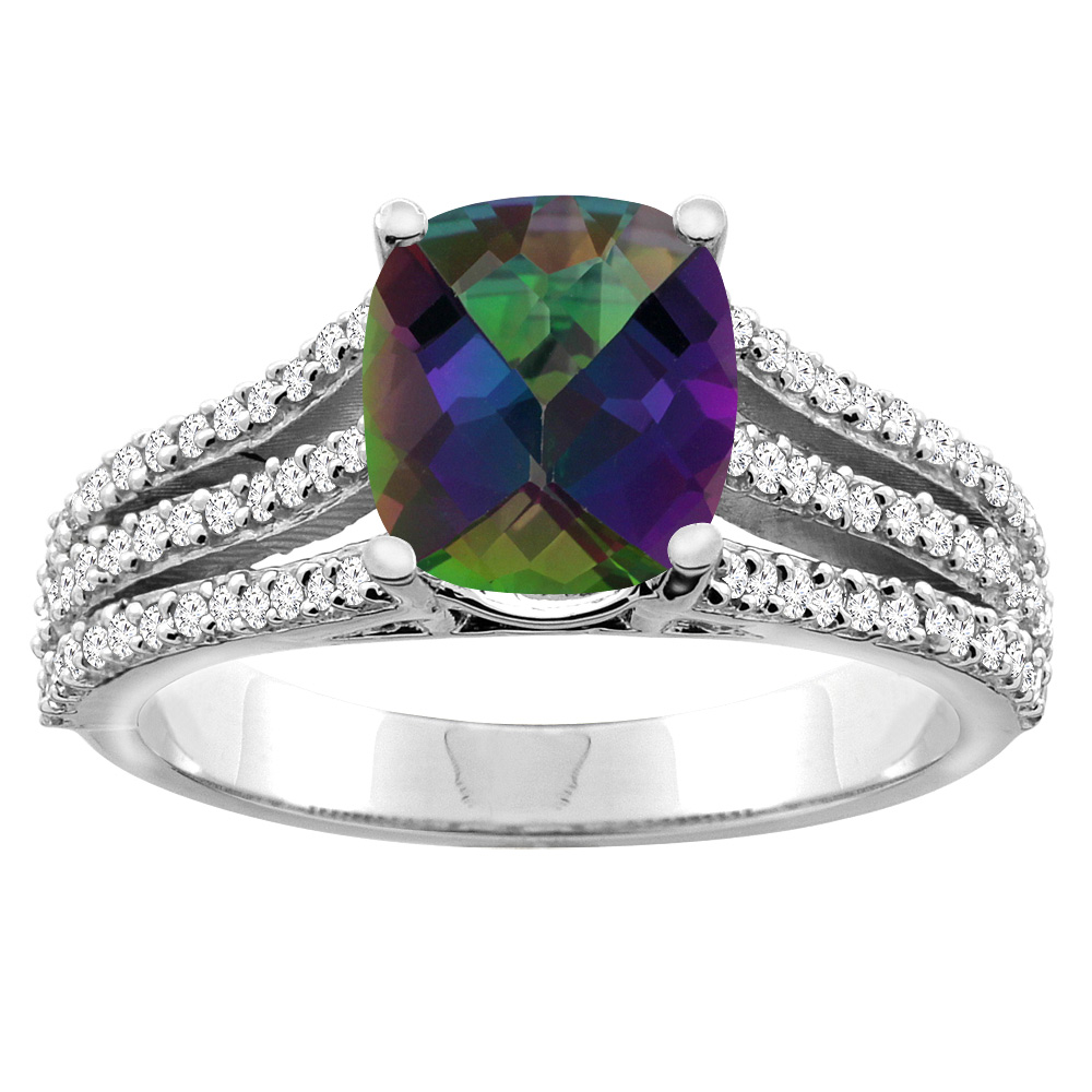 14K Yellow Gold Diamond Natural Mystic Topaz Tri-split Ring Cushion-cut 8x6mm, sizes 5 - 10