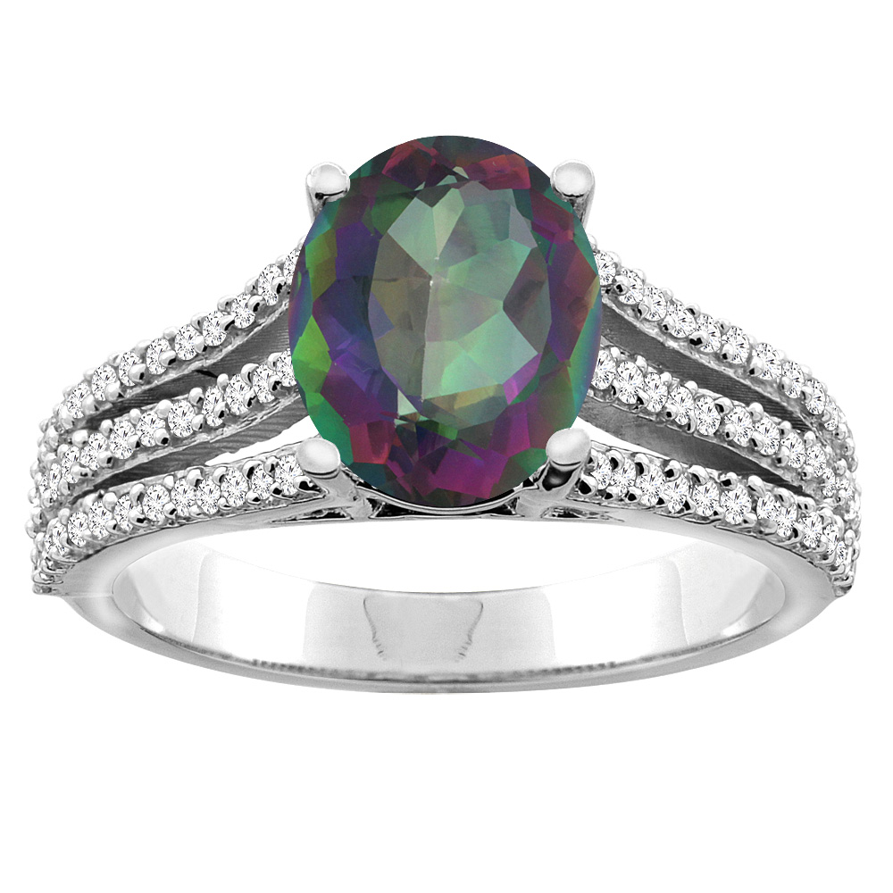 10K White/Yellow Gold Natural Mystic Topaz Tri-split Ring Oval 9x7mm Diamond Accents, sizes 5 - 10