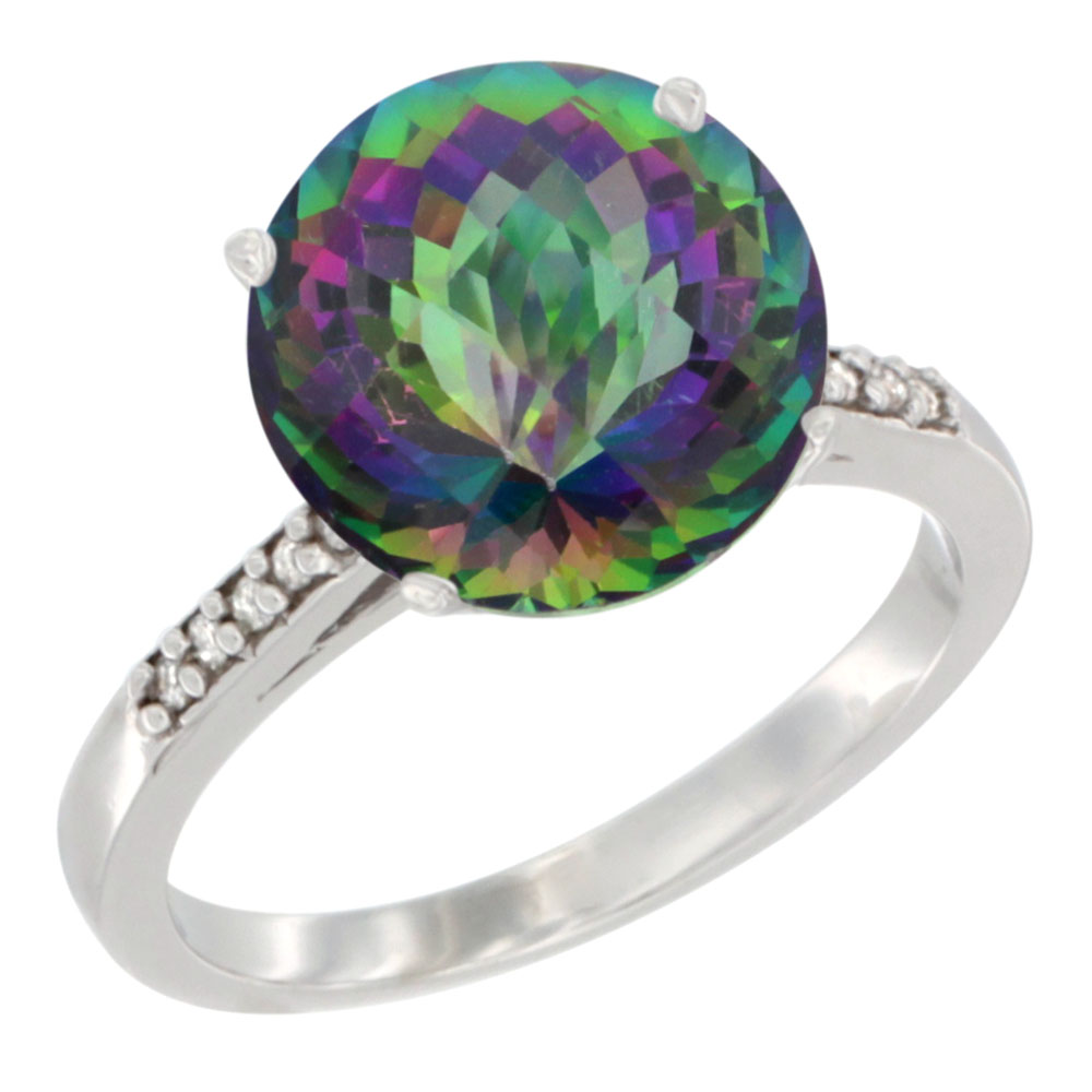 10K White Gold Natural Mystic Topaz Ring Round 10mm Diamond accent, sizes 5 - 10