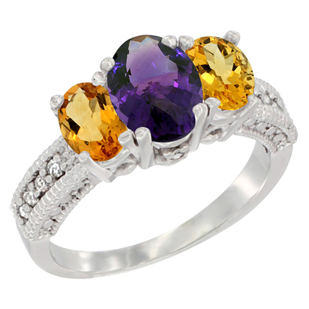 14K White Gold Diamond Natural Amethyst Ring Oval 3-stone with Citrine, sizes 5 - 10