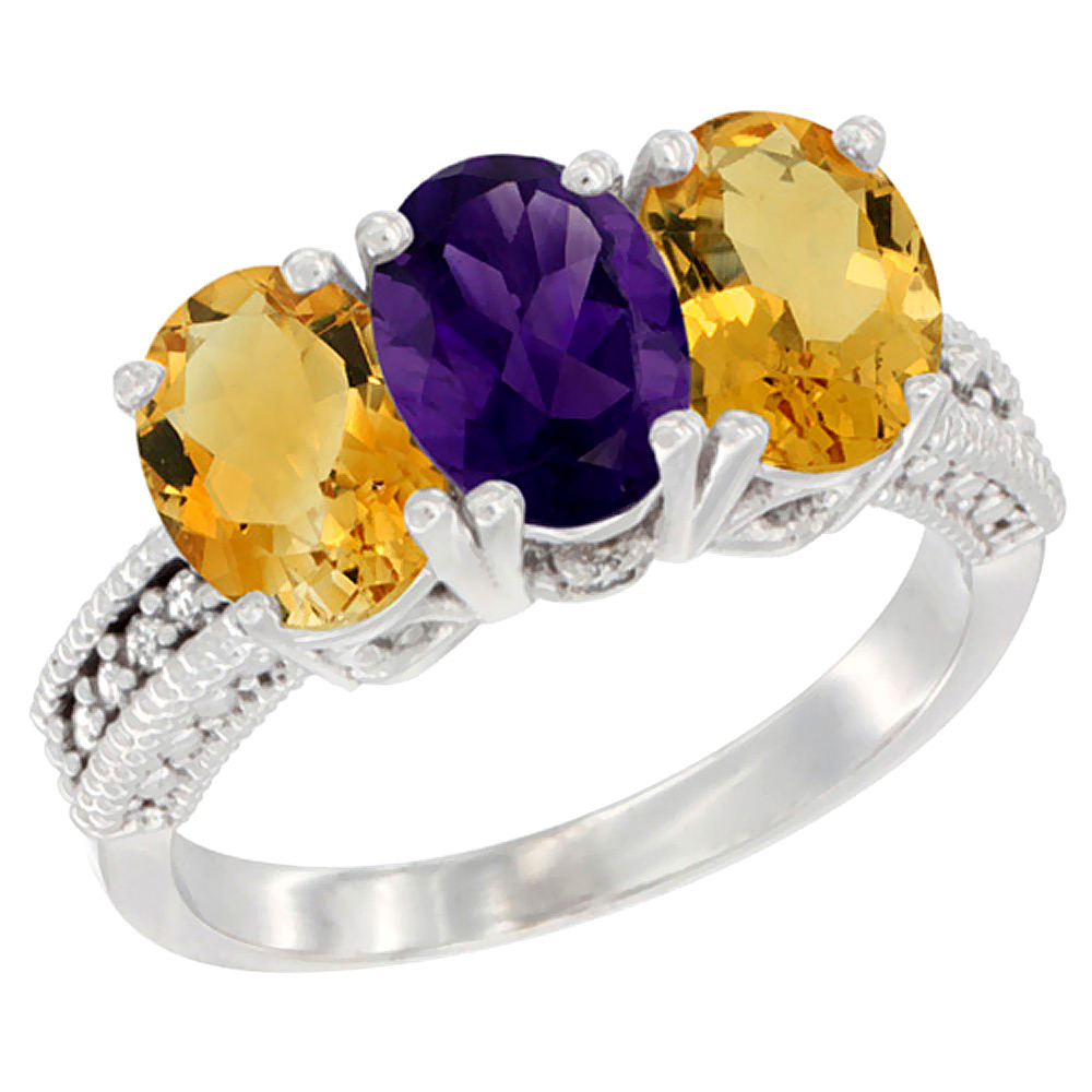 10K White Gold Natural Amethyst &amp; Citrine Sides Ring 3-Stone Oval 7x5 mm Diamond Accent, sizes 5 - 10