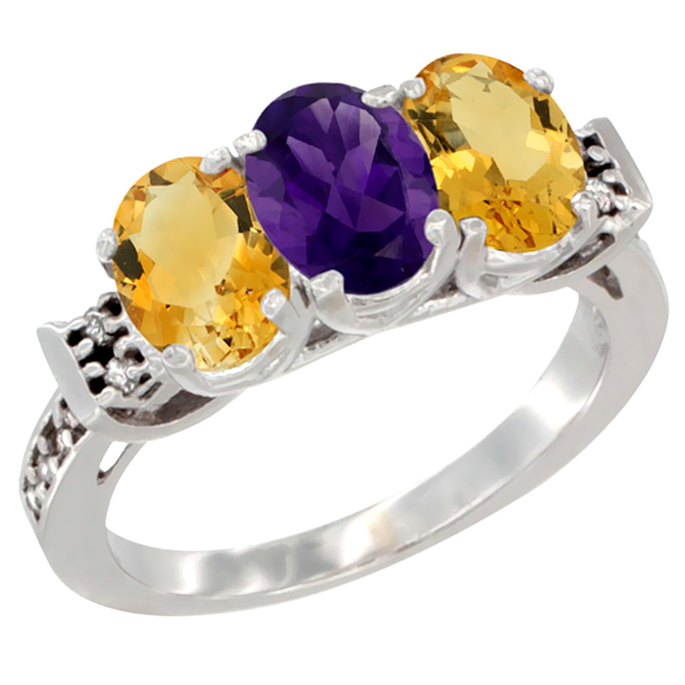 14K White Gold Natural Amethyst & Citrine Sides Ring 3-Stone 7x5 mm Oval Diamond Accent, sizes 5 - 10