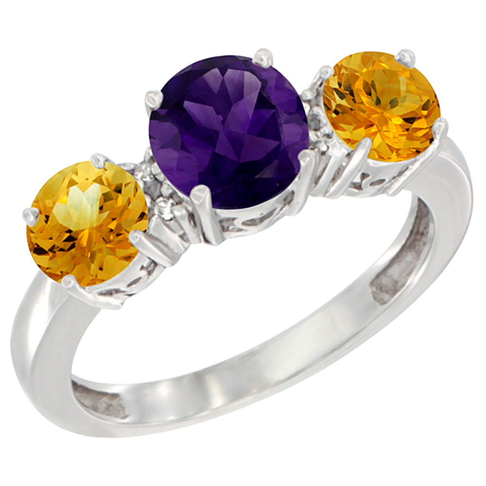 10K White Gold Round 3-Stone Natural Amethyst Ring & Citrine Sides Diamond Accent, sizes 5 - 10