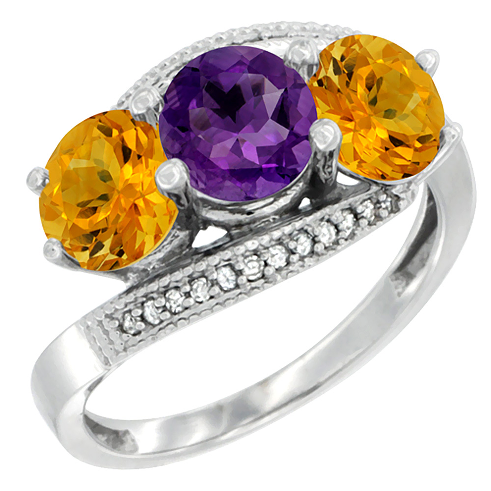 14K White Gold Natural Amethyst &amp; Citrine Sides 3 stone Ring Round 6mm Diamond Accent, sizes 5 - 10