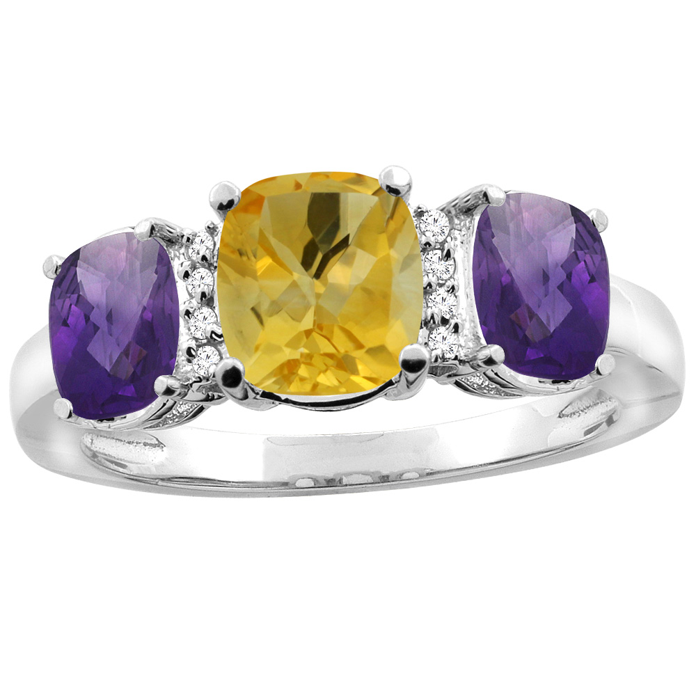 10K White Gold Natural Citrine & Amethyst 3-stone Ring Cushion 8x6mm Diamond Accent, sizes 5 - 10