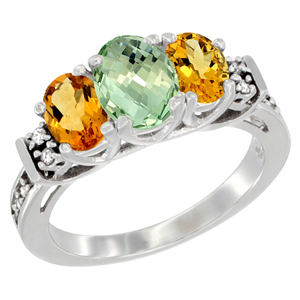 14K White Gold Natural Green Amethyst &amp; Citrine Ring 3-Stone Oval Diamond Accent, sizes 5-10