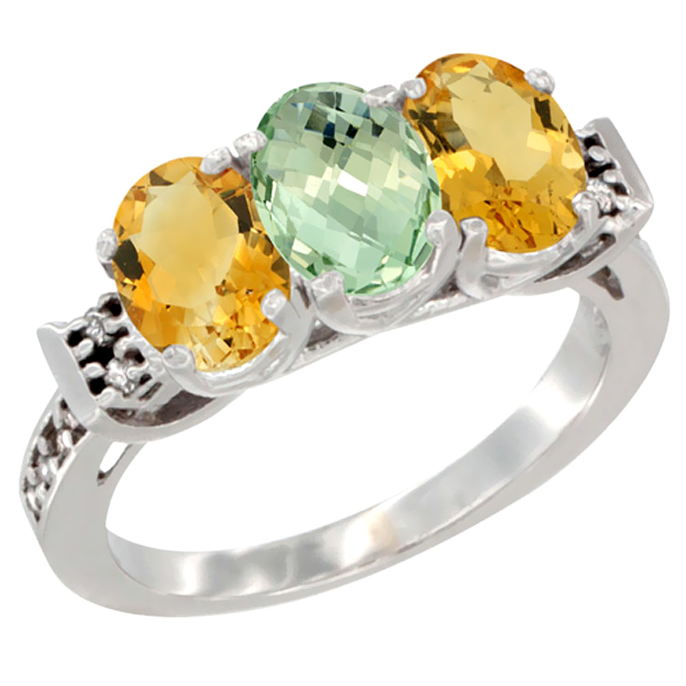 14K White Gold Natural Green Amethyst &amp; Citrine Sides Ring 3-Stone 7x5 mm Oval Diamond Accent, sizes 5 - 10