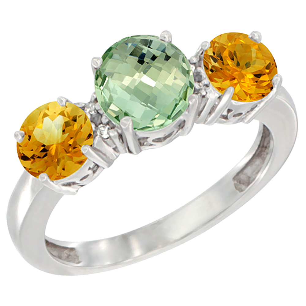 14K White Gold Round 3-Stone Natural Green Amethyst Ring &amp; Citrine Sides Diamond Accent, sizes 5 - 10