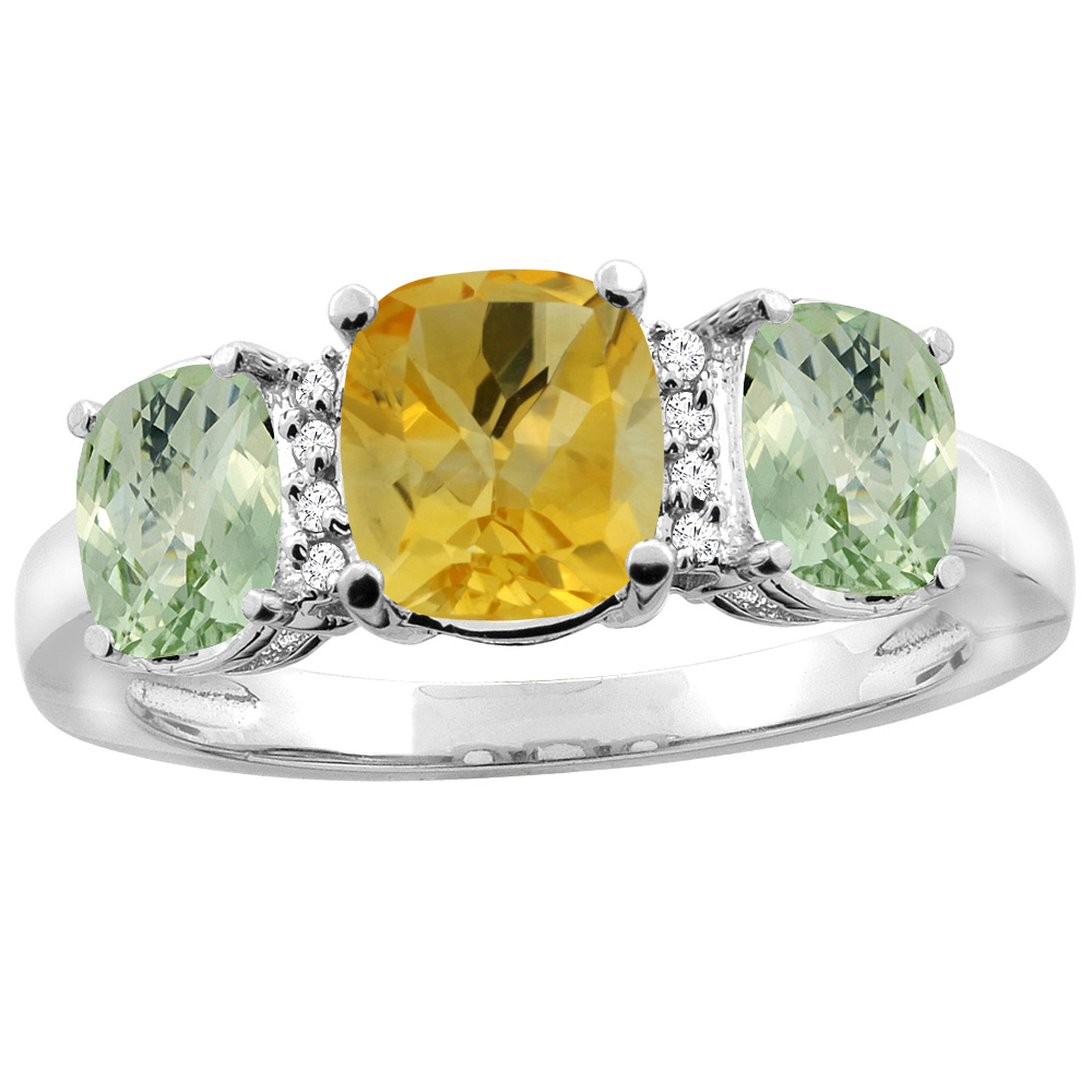 10K White Gold Natural Citrine & Green Amethyst 3-Stone Ring Cushion 8x6mm Diamond Accent, sizes 5 - 10