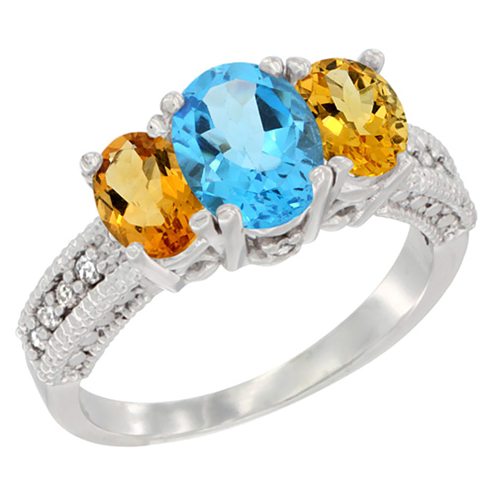 14K White Gold Diamond Natural Swiss Blue Topaz Ring Oval 3-stone with Citrine, sizes 5 - 10