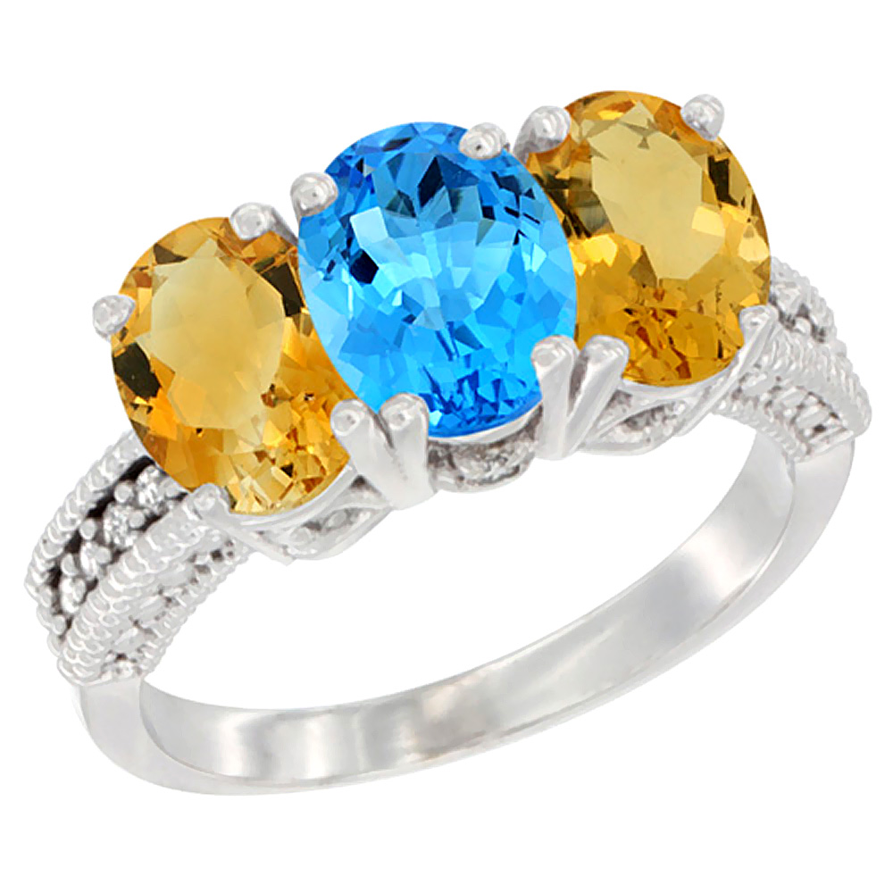 10K White Gold Natural Swiss Blue Topaz &amp; Citrine Sides Ring 3-Stone Oval 7x5 mm Diamond Accent, sizes 5 - 10