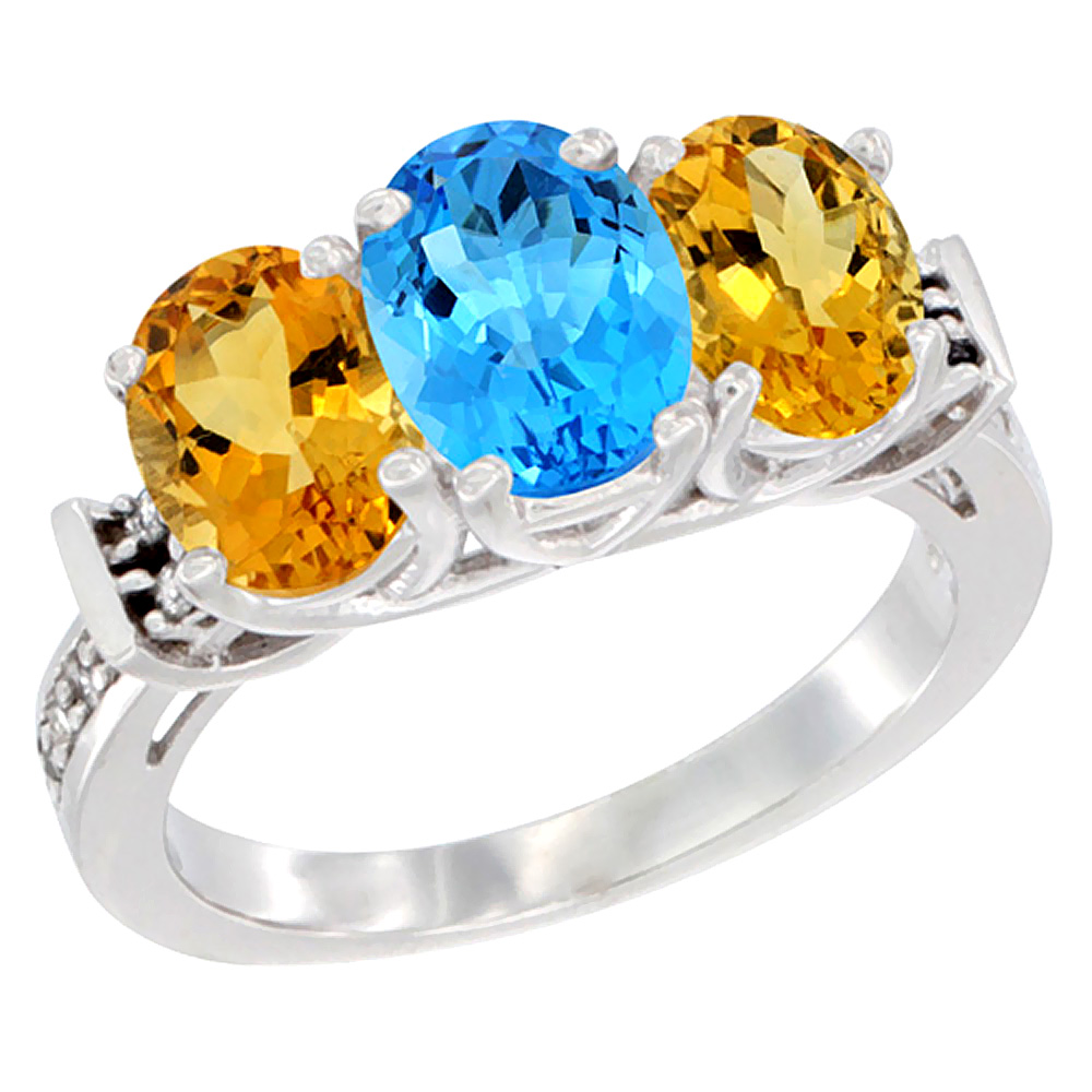 14K White Gold Natural Swiss Blue Topaz & Citrine Sides Ring 3-Stone Oval Diamond Accent, sizes 5 - 10