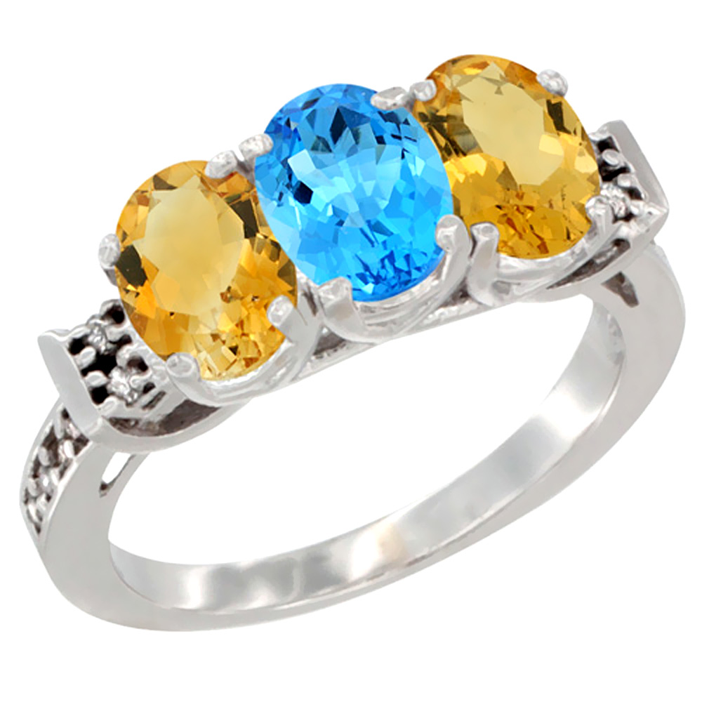 10K White Gold Natural Swiss Blue Topaz & Citrine Sides Ring 3-Stone Oval 7x5 mm Diamond Accent, sizes 5 - 10