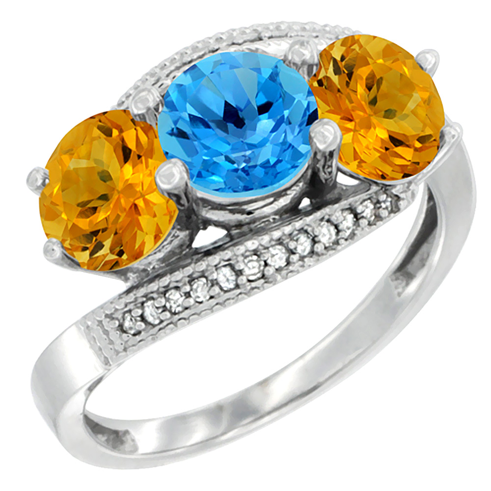 14K White Gold Natural Swiss Blue Topaz & Citrine Sides 3 stone Ring Round 6mm Diamond Accent, sizes 5 - 10