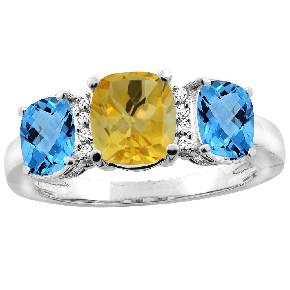 10K White Gold Natural Citrine & Swiss Blue Topaz 3-stone Ring Cushion 8x6mm Diamond Accent, sizes 5 - 10