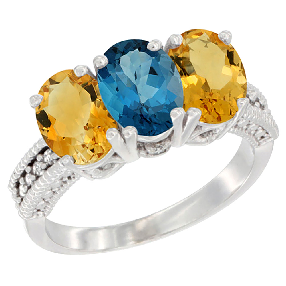 14K White Gold Natural London Blue Topaz & Citrine Sides Ring 3-Stone 7x5 mm Oval Diamond Accent, sizes 5 - 10