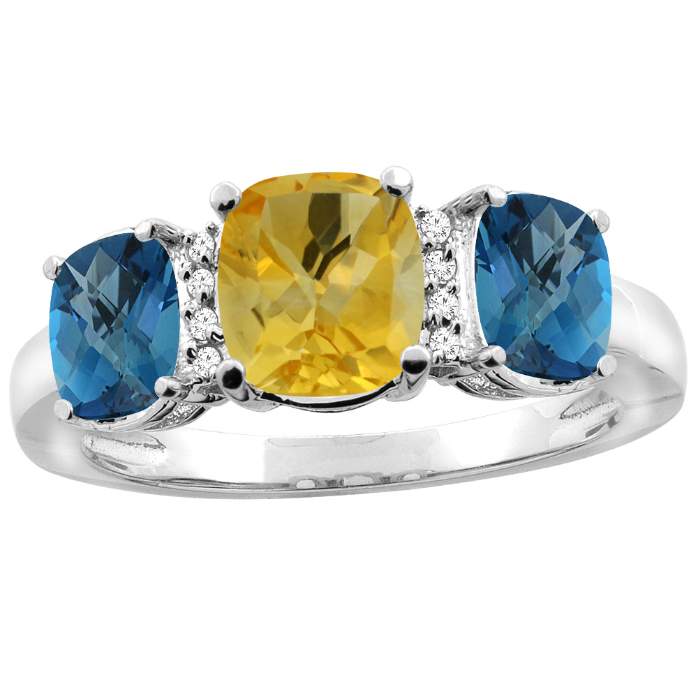 14K Yellow Gold Natural Citrine & London Blue Topaz 3-stone Ring Cushion 8x6mm Diamond Accent, sizes 5 - 10