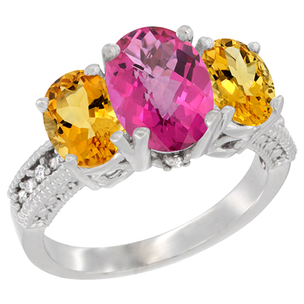 10K White Gold Diamond Natural Pink Topaz Ring 3-Stone Oval 8x6mm with Citrine, sizes5-10