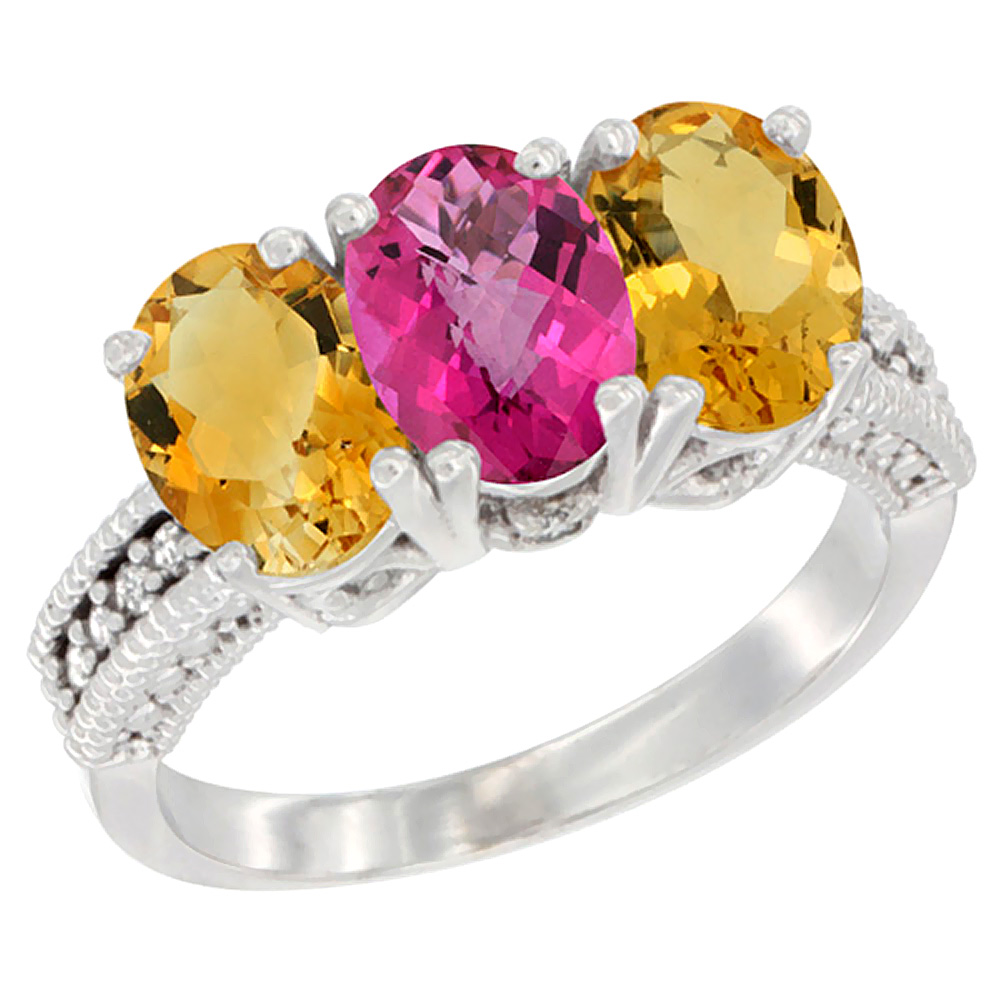 14K White Gold Natural Pink Topaz & Citrine Sides Ring 3-Stone 7x5 mm Oval Diamond Accent, sizes 5 - 10