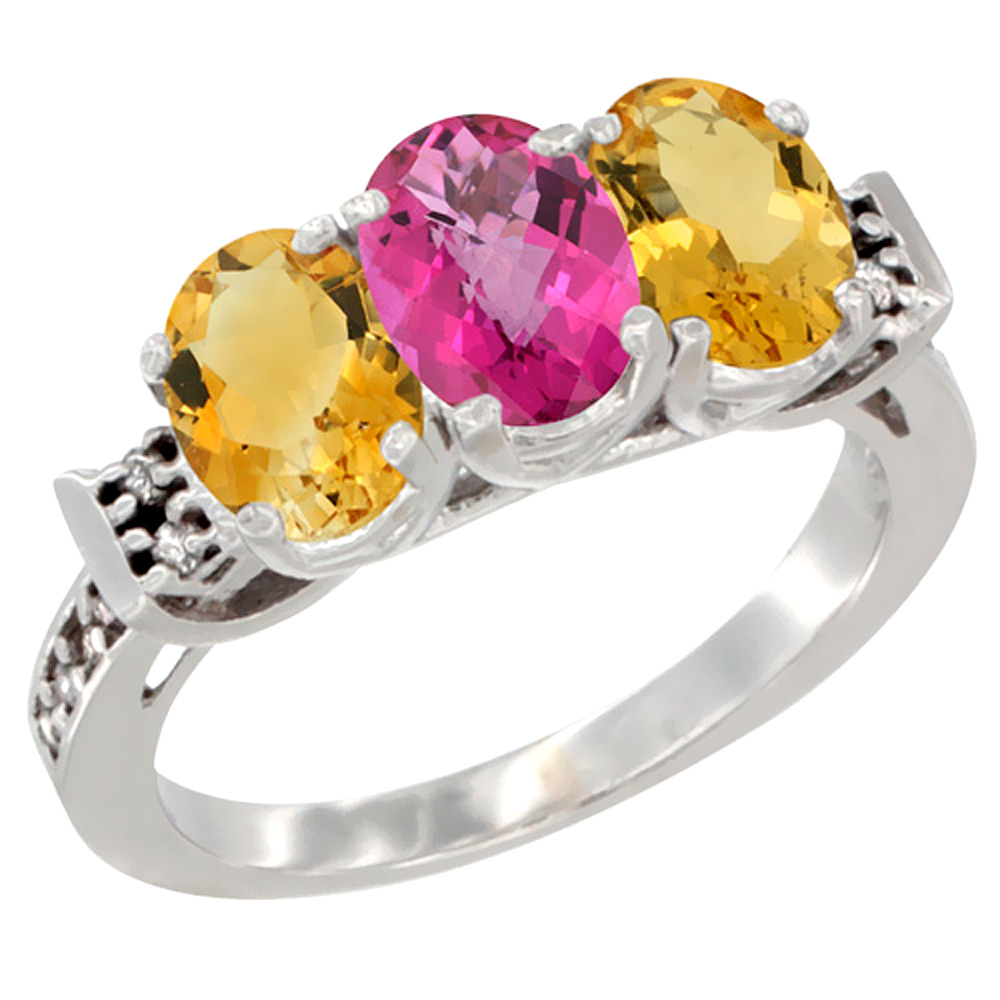 14K White Gold Natural Pink Topaz &amp; Citrine Sides Ring 3-Stone 7x5 mm Oval Diamond Accent, sizes 5 - 10