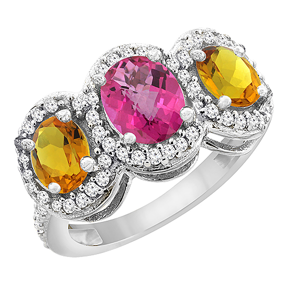 14K White Gold Natural Pink Topaz & Citrine 3-Stone Ring Oval Diamond Accent, sizes 5 - 10