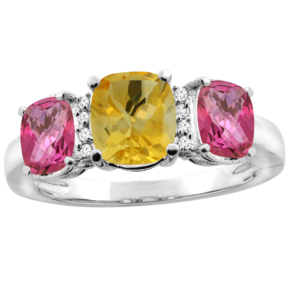 14K White Gold Natural Citrine &amp; Pink Topaz 3-stone Ring Cushion 8x6mm Diamond Accent, sizes 5 - 10