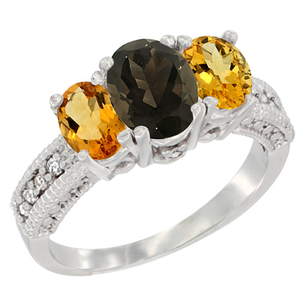 14K White Gold Diamond Natural Smoky Topaz Ring Oval 3-stone with Citrine, sizes 5 - 10