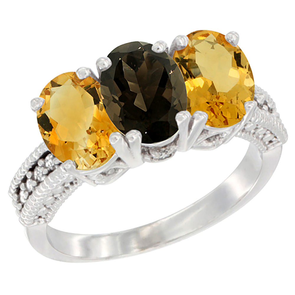 14K White Gold Natural Smoky Topaz & Citrine Sides Ring 3-Stone 7x5 mm Oval Diamond Accent, sizes 5 - 10