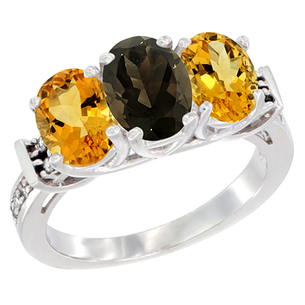 14K White Gold Natural Smoky Topaz &amp; Citrine Sides Ring 3-Stone Oval Diamond Accent, sizes 5 - 10