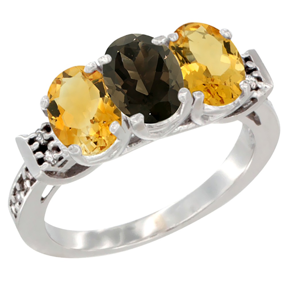 14K White Gold Natural Smoky Topaz & Citrine Sides Ring 3-Stone 7x5 mm Oval Diamond Accent, sizes 5 - 10