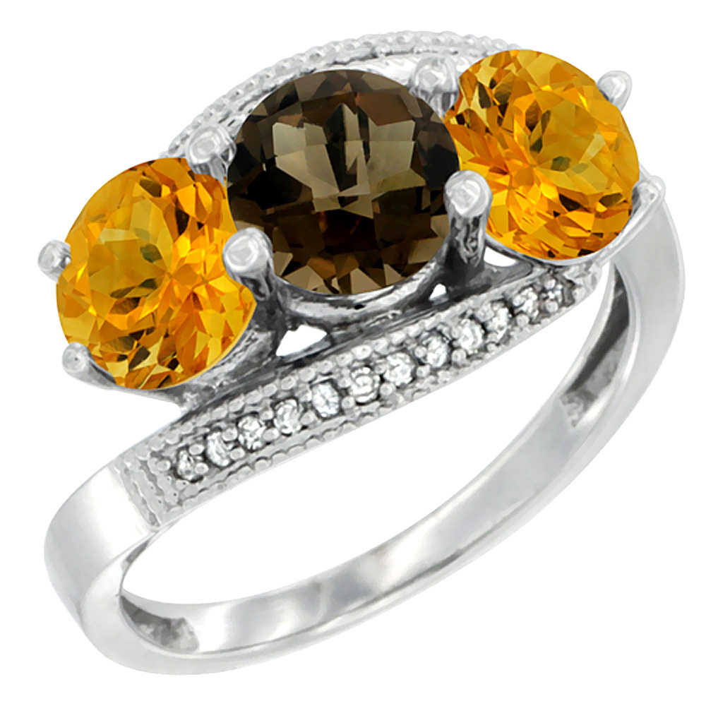 14K White Gold Natural Smoky Topaz &amp; Citrine Sides 3 stone Ring Round 6mm Diamond Accent, sizes 5 - 10