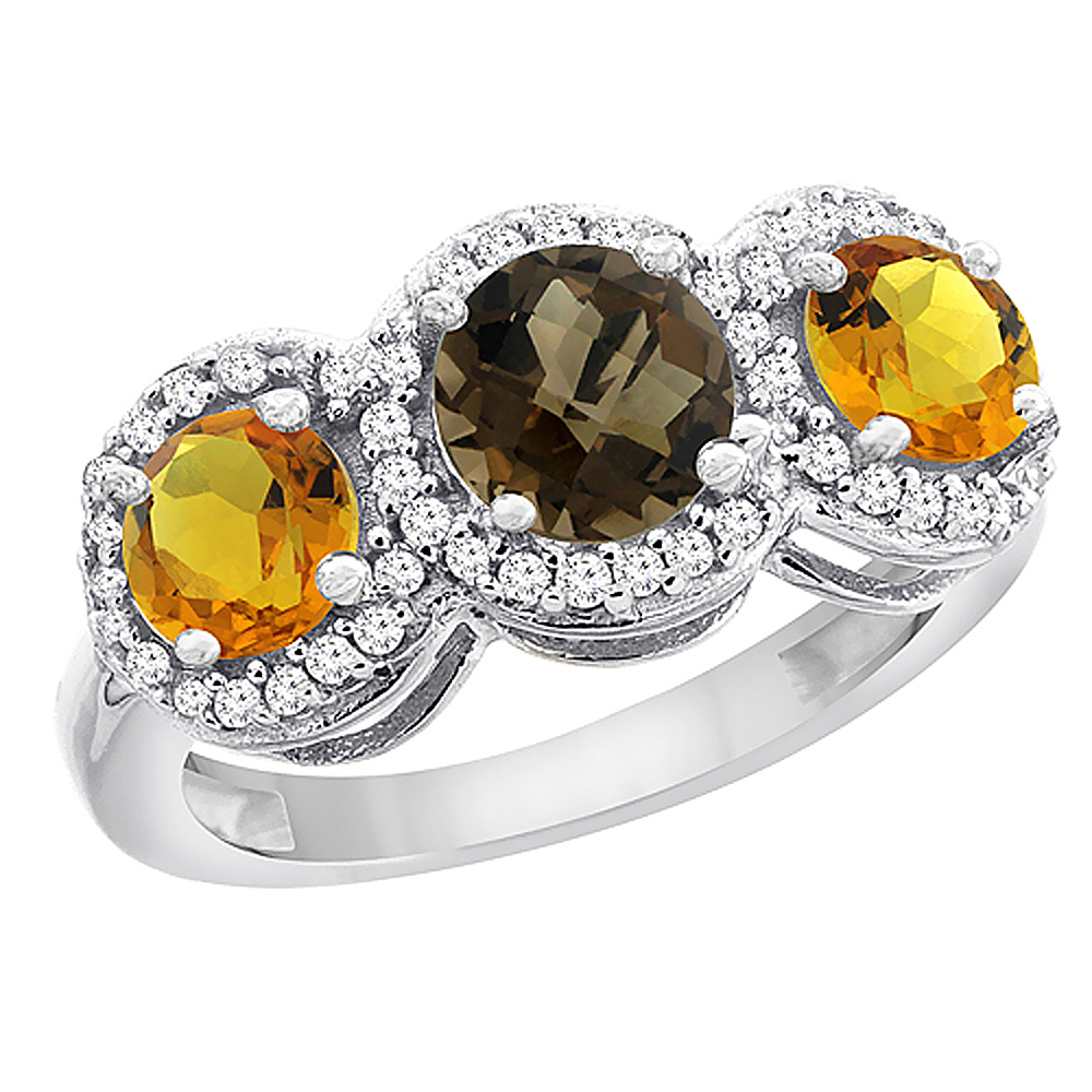 10K White Gold Natural Smoky Topaz & Citrine Sides Round 3-stone Ring Diamond Accents, sizes 5 - 10