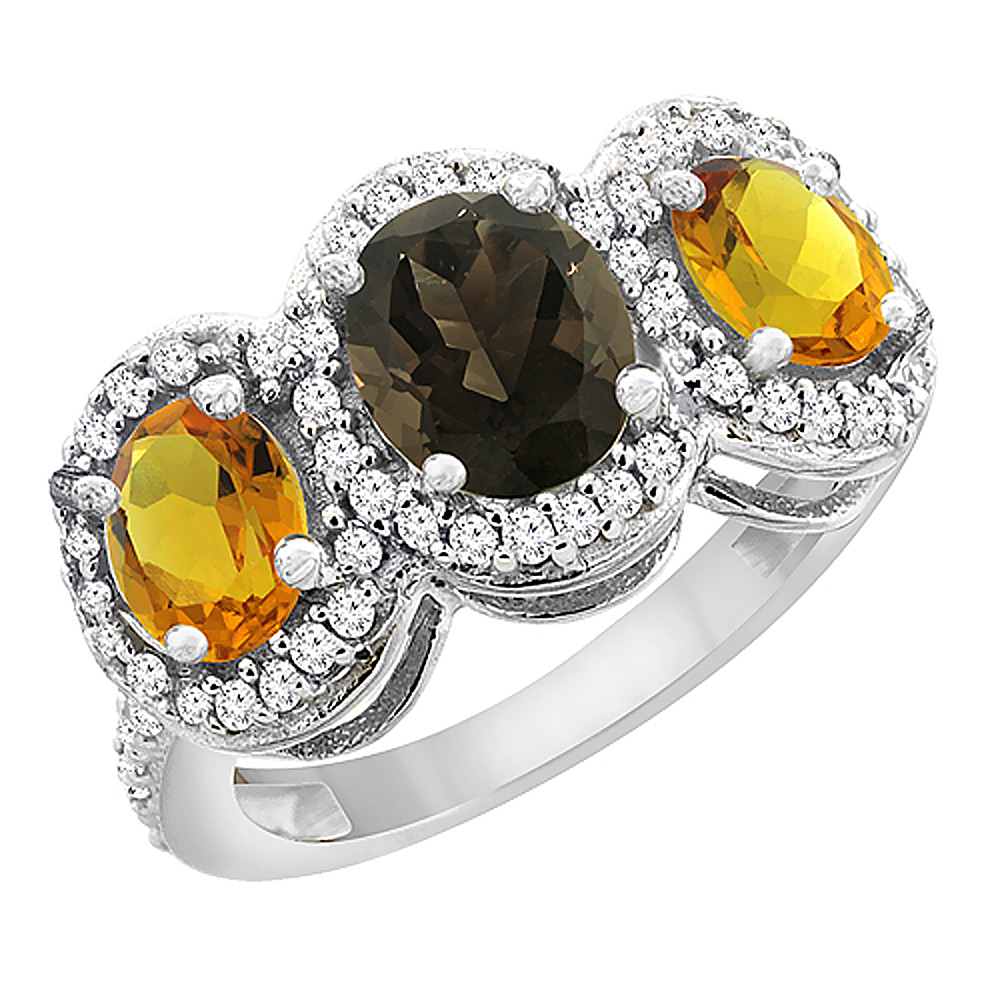 14K White Gold Natural Smoky Topaz & Citrine 3-Stone Ring Oval Diamond Accent, sizes 5 - 10