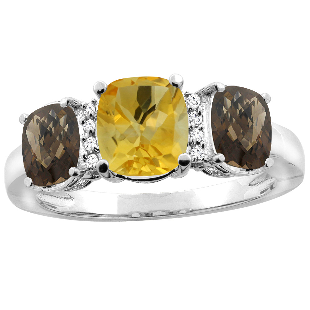 10K White Gold Natural Citrine & Smoky Topaz 3-stone Ring Cushion 8x6mm Diamond Accent, sizes 5 - 10