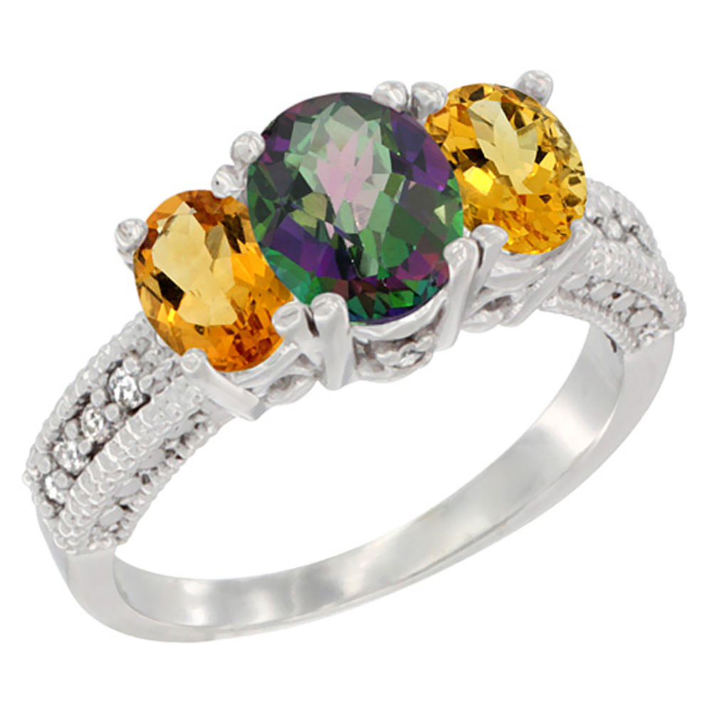 14K White Gold Diamond Natural Mystic Topaz Ring Oval 3-stone with Citrine, sizes 5 - 10