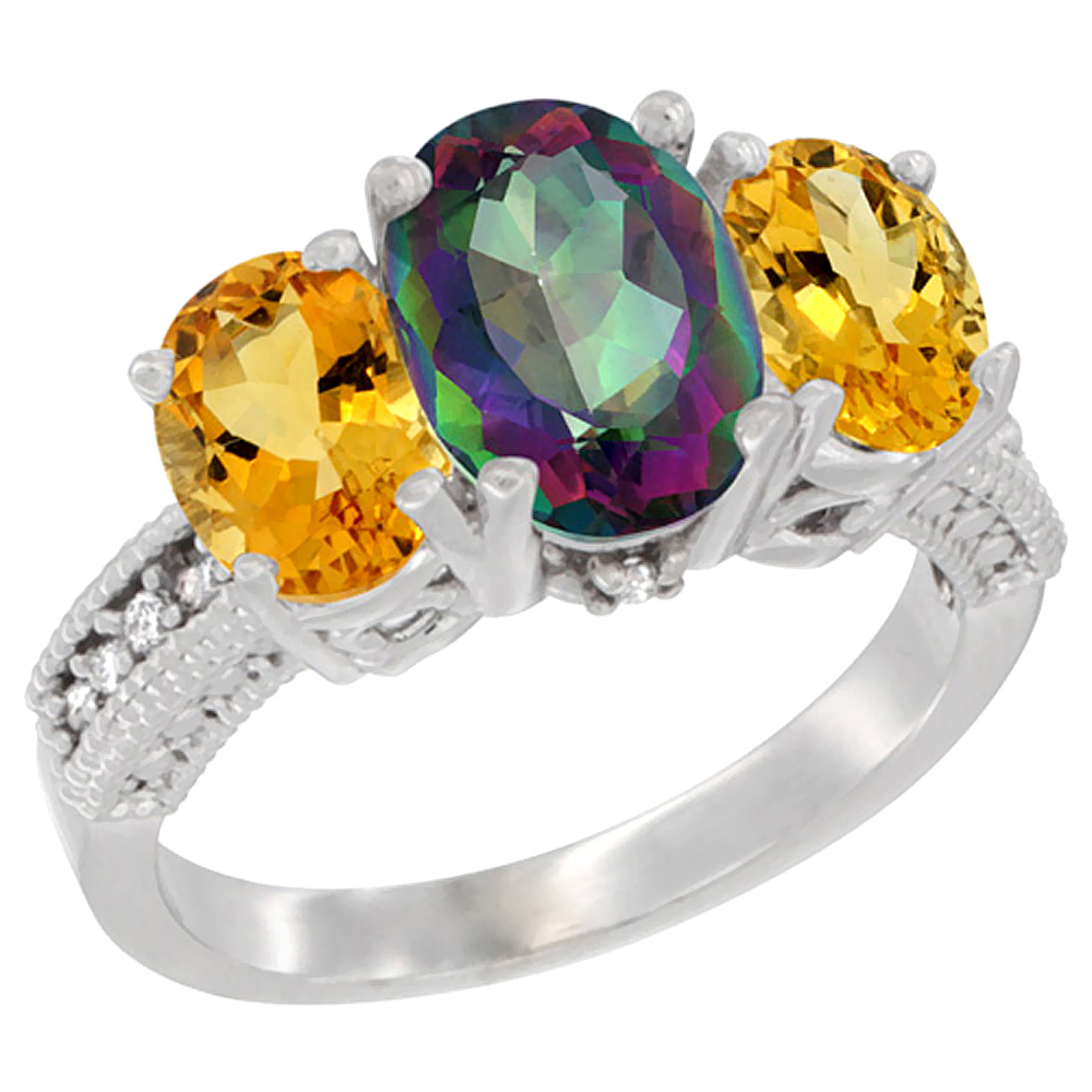 14K White Gold Diamond Natural Mystic Topaz Ring 3-Stone Oval 8x6mm with Citrine, sizes5-10