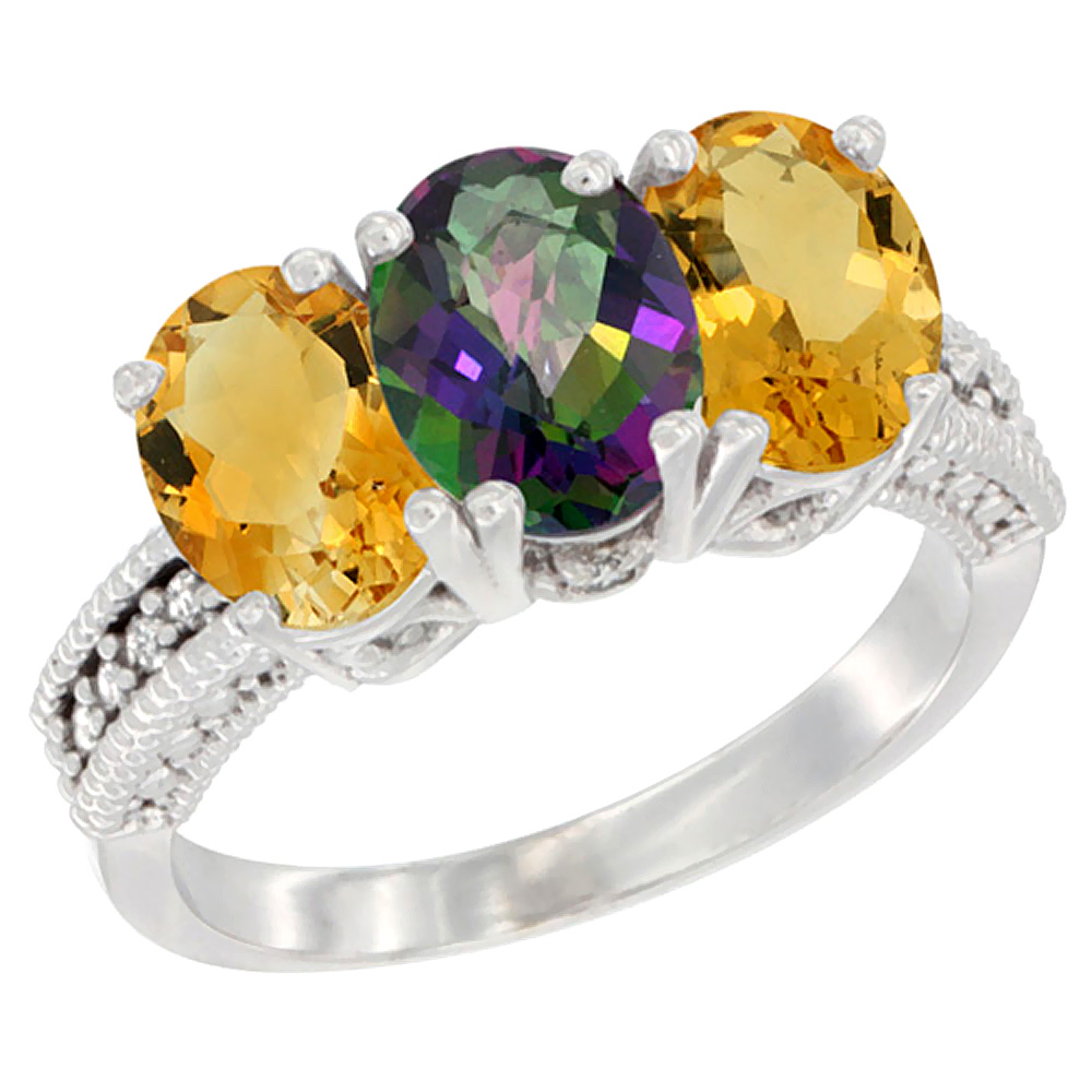 10K White Gold Natural Mystic Topaz & Citrine Sides Ring 3-Stone Oval 7x5 mm Diamond Accent, sizes 5 - 10