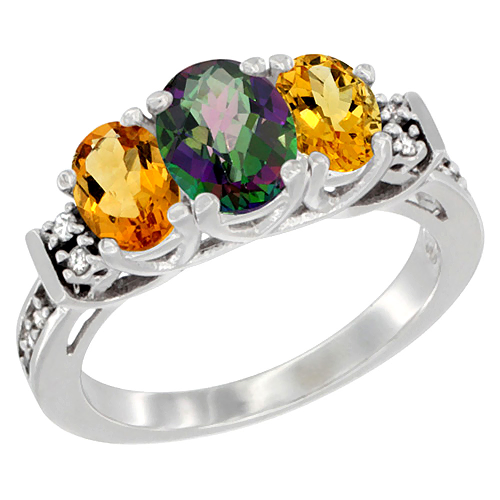 10K White Gold Natural Mystic Topaz & Citrine Ring 3-Stone Oval Diamond Accent, sizes 5-10