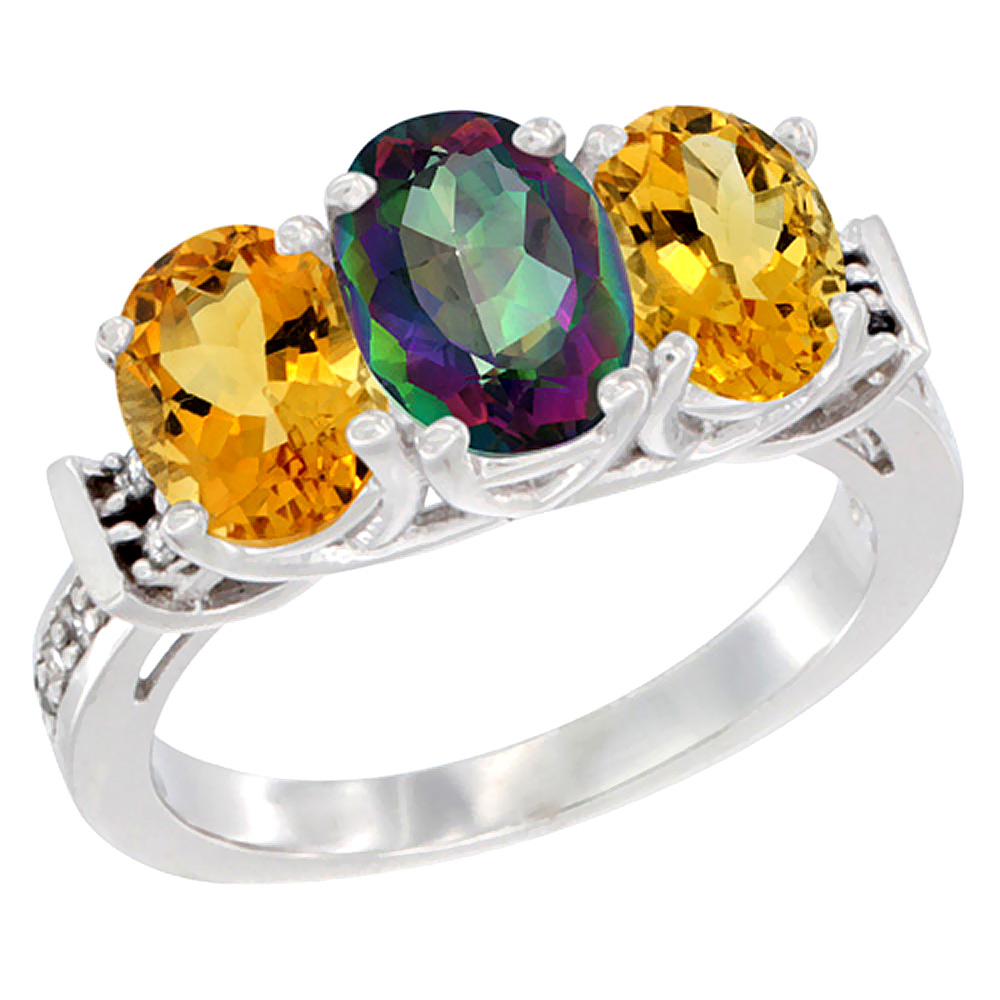 10K White Gold Natural Mystic Topaz & Citrine Sides Ring 3-Stone Oval Diamond Accent, sizes 5 - 10