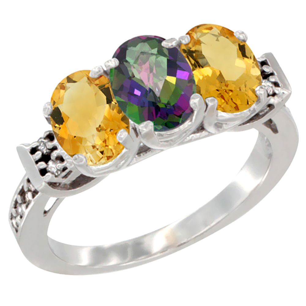 10K White Gold Natural Mystic Topaz & Citrine Sides Ring 3-Stone Oval 7x5 mm Diamond Accent, sizes 5 - 10