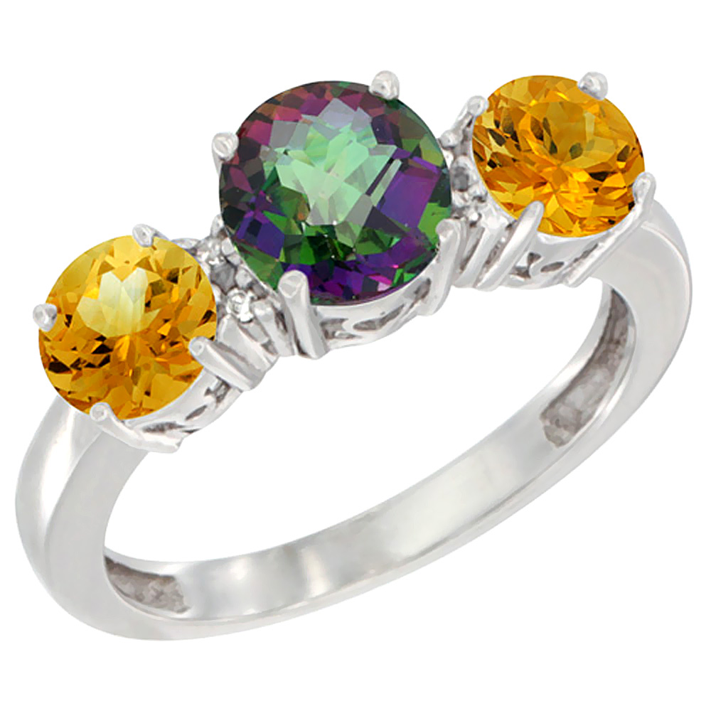 14K White Gold Round 3-Stone Natural Mystic Topaz Ring & Citrine Sides Diamond Accent, sizes 5 - 10